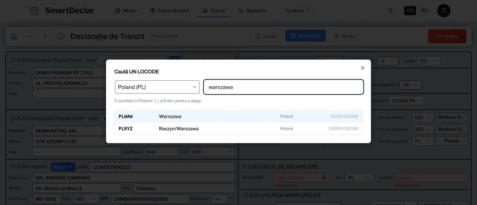 Căutarea UN LOCODE în SmartDeclar: „warszawa” găsește PLWAW Warszawa